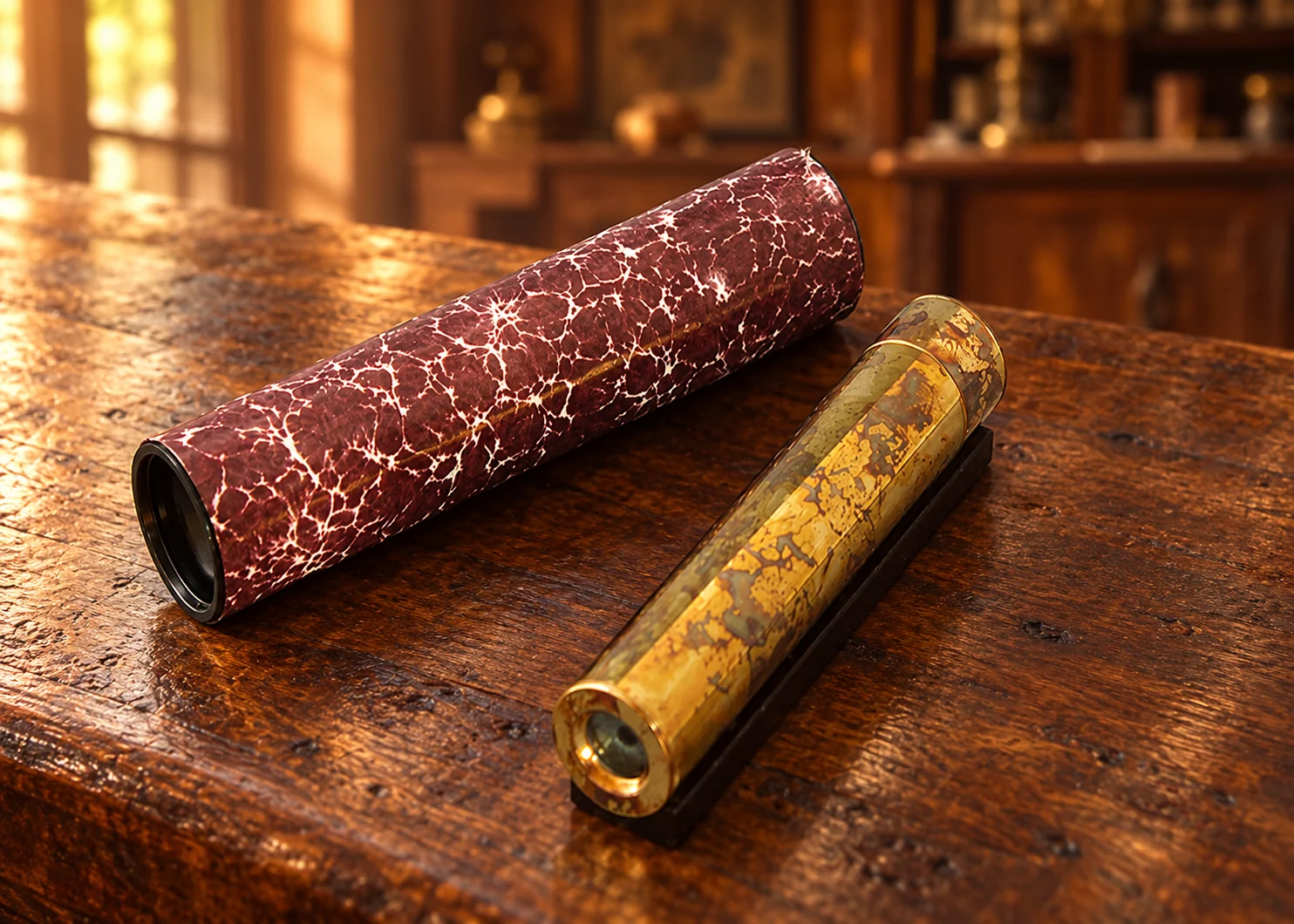 Two kaleidoscopes with a patinated finish