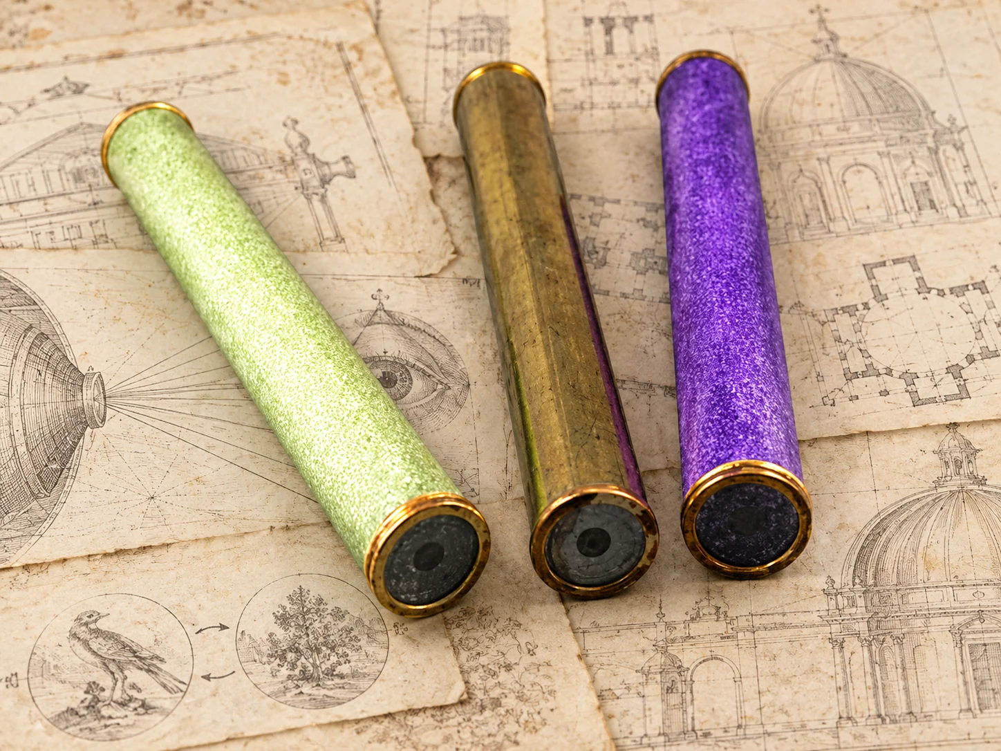 Three metal thaumascopes on antique engravings